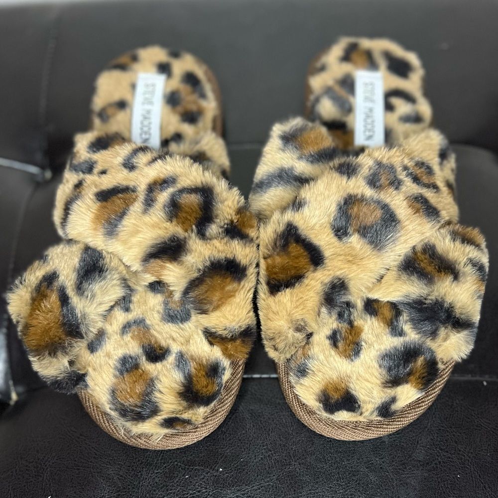 Steve Madden Fur Slippers Women Leopard Print Criss Cross Slippers Sandals Sz 7 - Picture 7 of 11